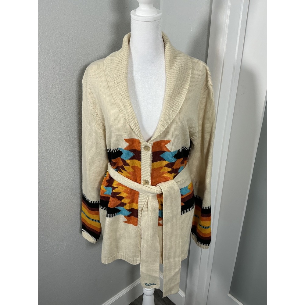 VTG Walls Authentic Ranch Wear Western Belted Cardigan Sweater Geometric M/L